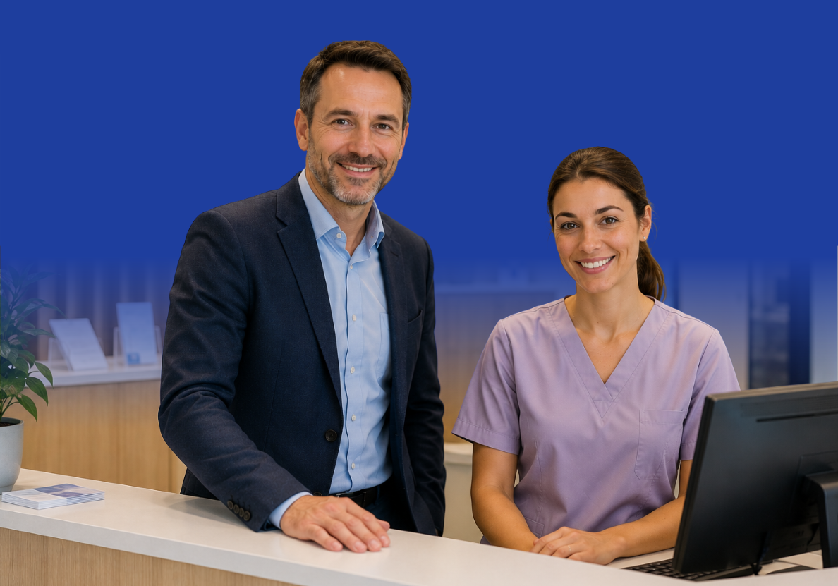 Un responsable d'établissement de santé et une secrétaire médicale souriants à l'accueil