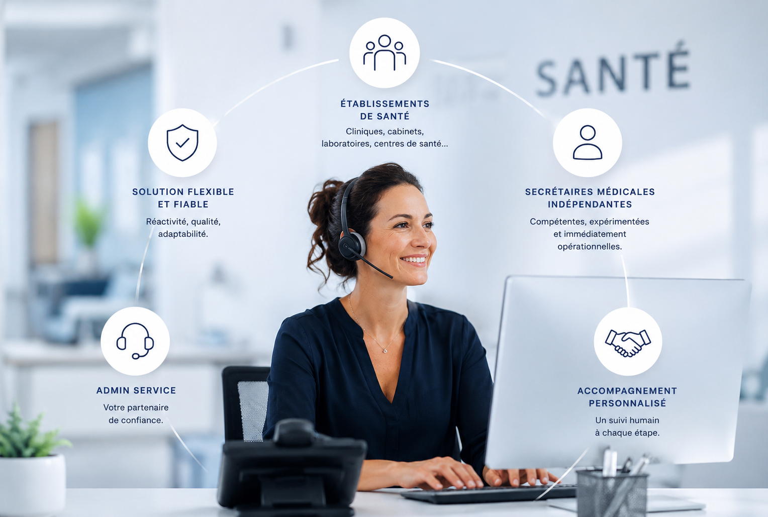 Schéma du concept Admin Service : établissements de santé, secrétaires médicales indépendantes, accompagnement personnalisé et solution flexible réunis autour d'Admin Service